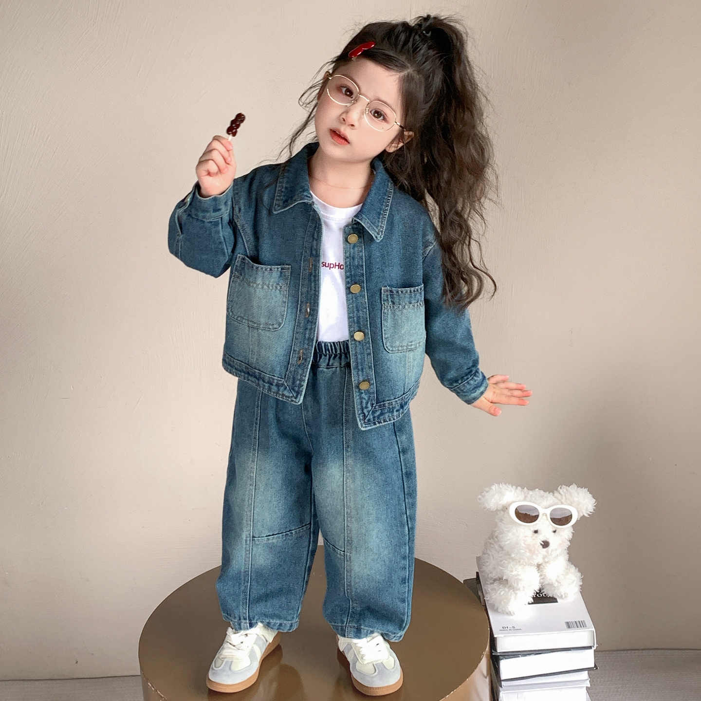 女童牛仔套装2025秋装港风运动牛仔外套儿童休闲牛仔裤两件套