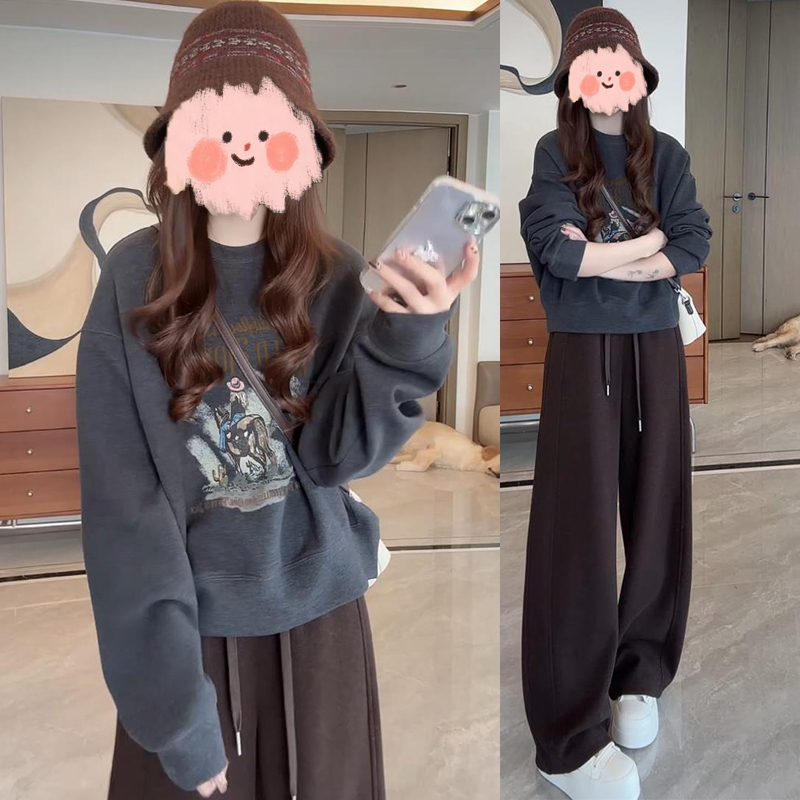 2025秋季新款时尚印花卫衣显瘦休闲阔腿裤两件套女士爆款洋气套装