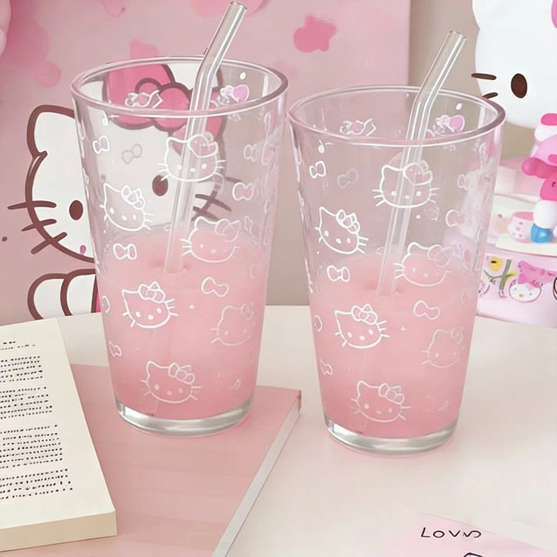 hellokitty高颜值玻璃杯家用吸管喝水杯大容量办公室杯可爱