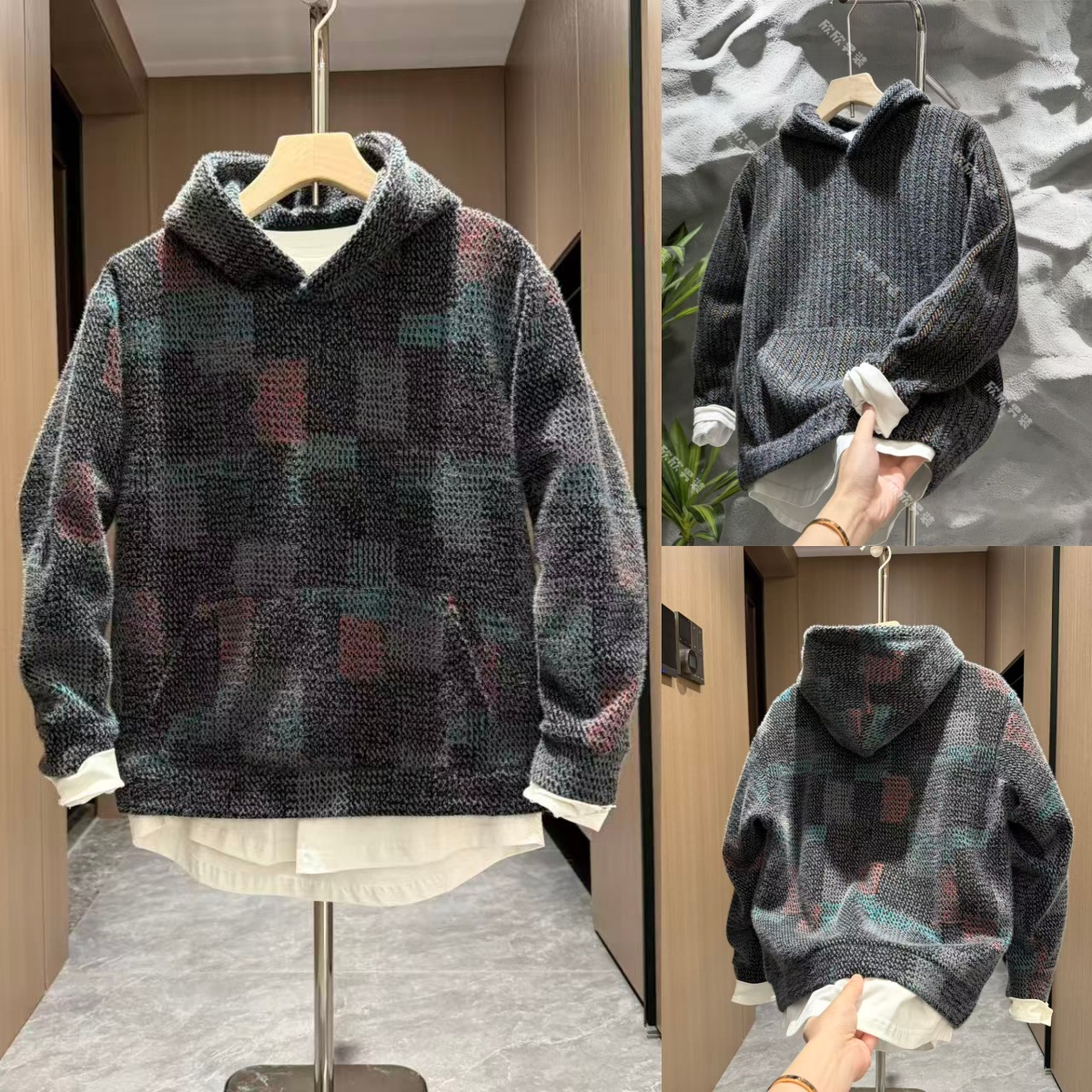 潮牌小香风编织连帽套头潮流时尚休闲上衣