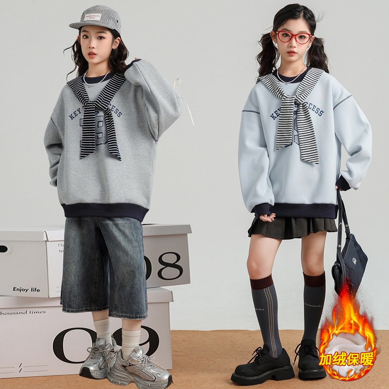 女童加绒卫衣15岁女童潮牌秋装卫衣潮款儿童洋气长袖上衣冬季