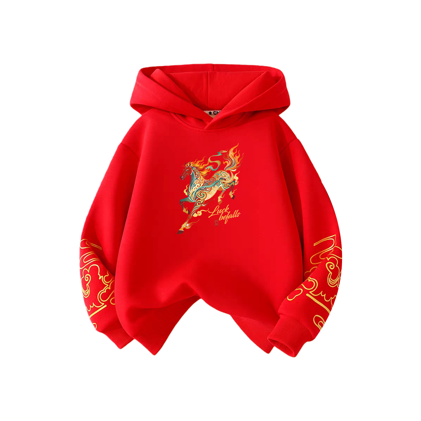 秋冬加绒连帽卫衣马年过年拜年服红色上衣男童女宝本命年红色卫衣