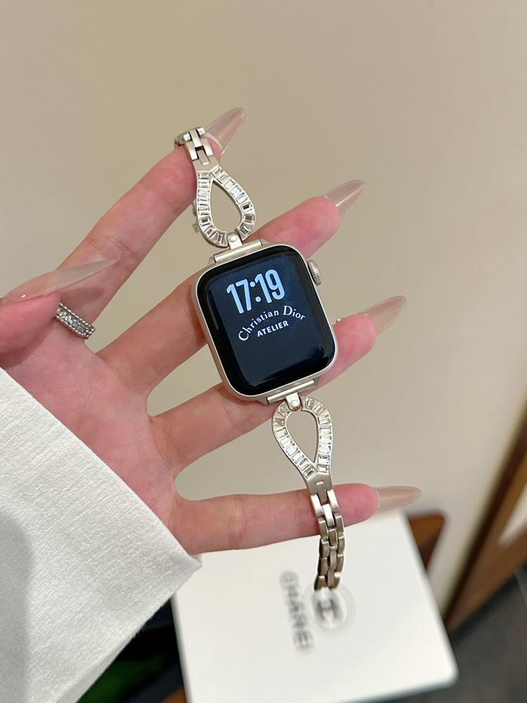 适用applewatchS9苹果手表iwatchS10镂空SE水滴形7镶钻S8金属表带
