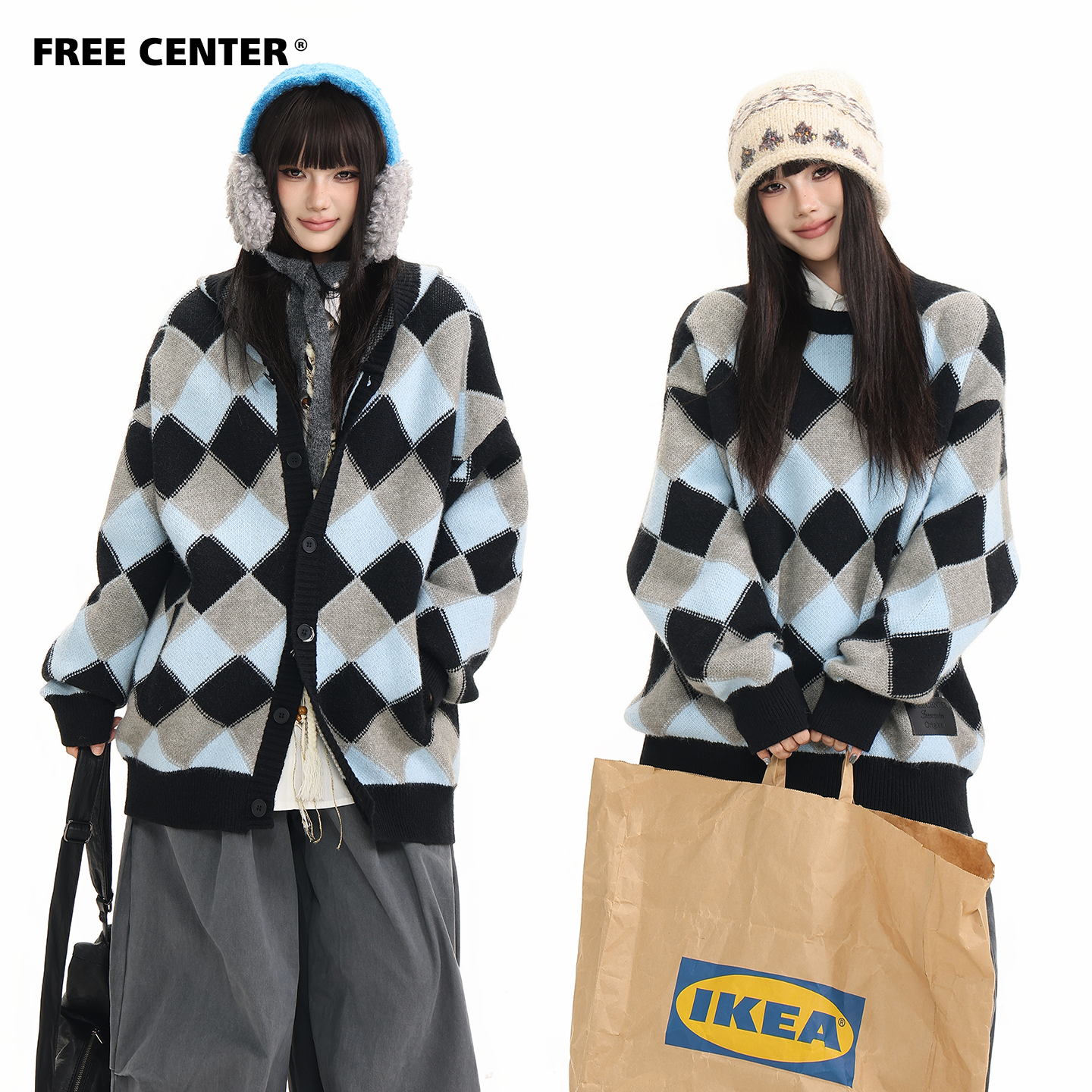 FREECENTER巨重磅菱形格纹毛衣外套男女同款秋冬复古宽松针织上衣