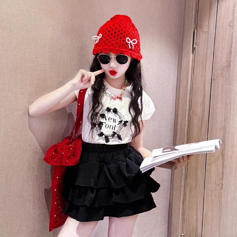 白色t恤女童夏季2025新款大童女孩薄款夏装上衣儿童韩系短袖套装