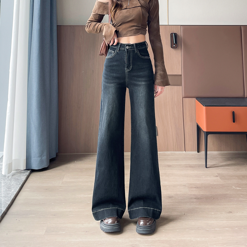 小个子复古牛仔阔腿裤高腰微喇叭裤女秋季加小码xs遮胯显瘦拖地裤