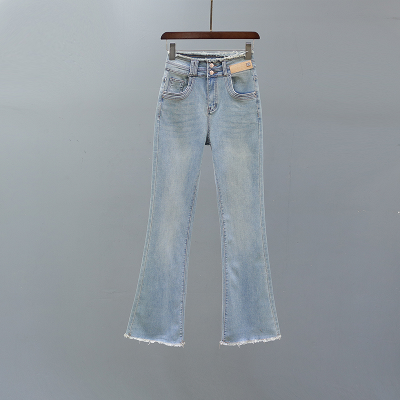 浅蓝色微喇叭牛仔裤女2025春秋新款复古弹力修身毛边阔腿拖地裤子