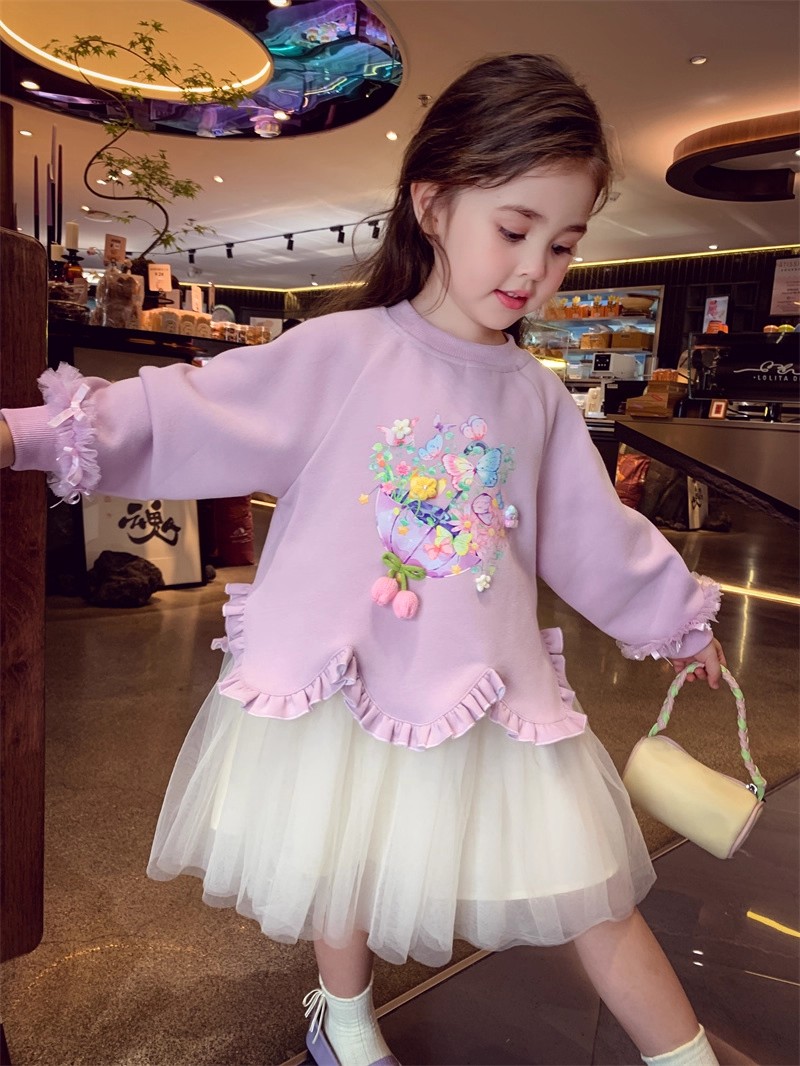 女童连衣裙春秋2025新款洋气秋装儿童网纱拼接裙子女孩花边公主裙