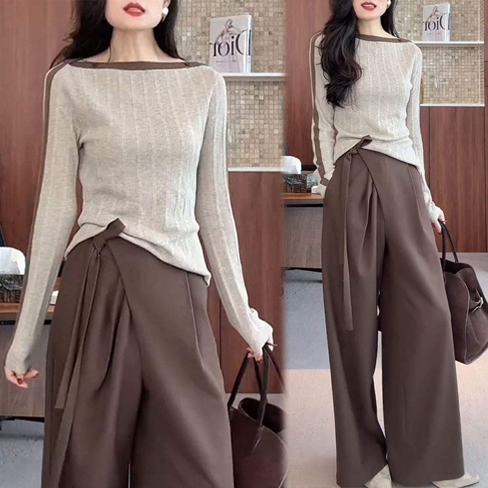 老钱风松驰感套装女2025年春秋新款一字领针织衫长袖阔腿裤两件套
