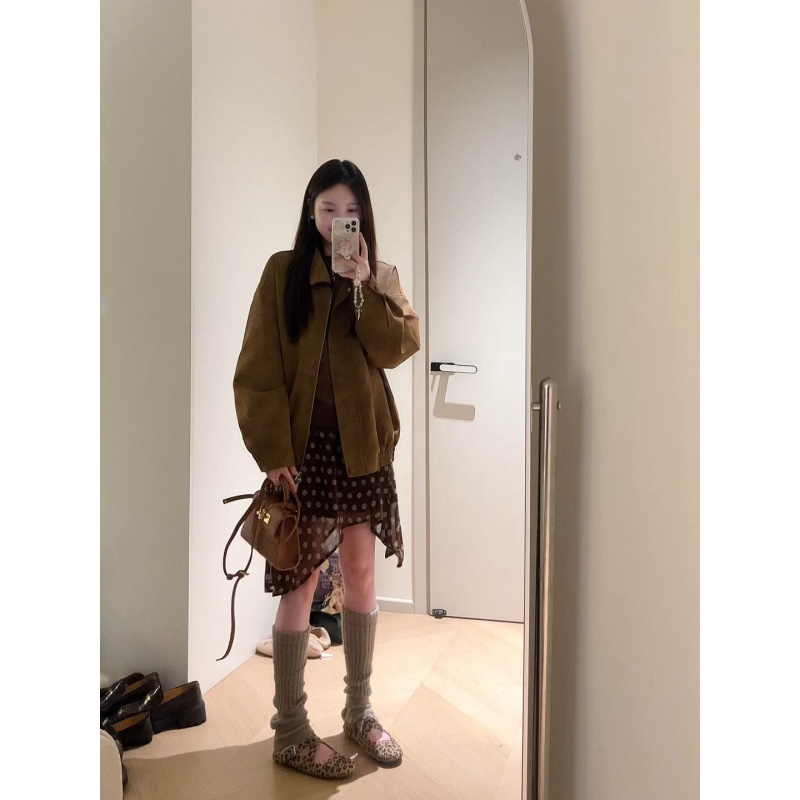 parkyeon美拉德复古棕色夹克外套露肩卫衣不规则波点半身裙套装