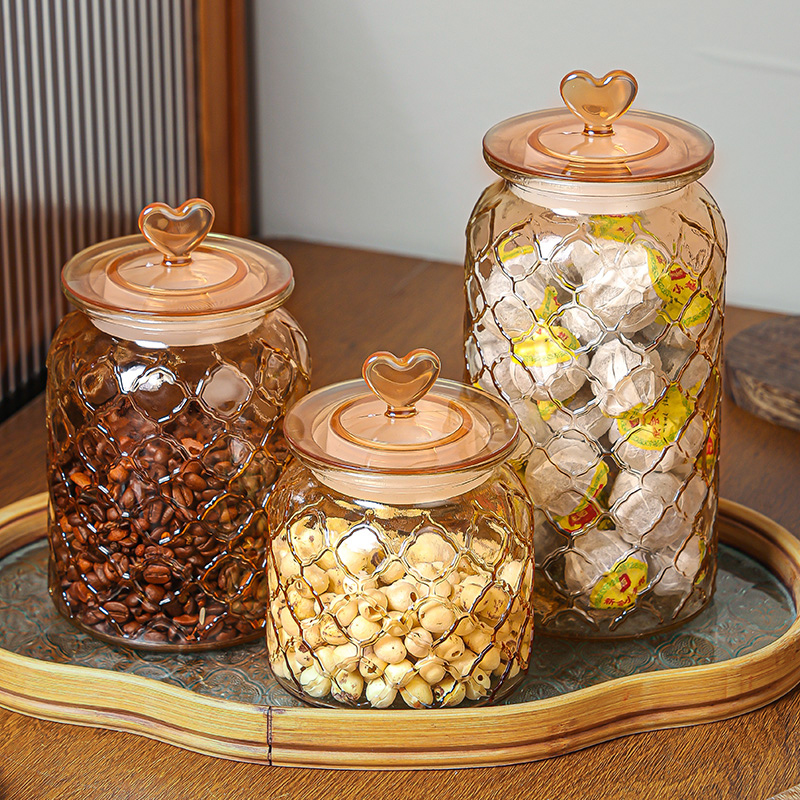 【三件套】超大容量琥珀色爱心玻璃密封罐带盖泡菜坛泡酒杂粮储物罐