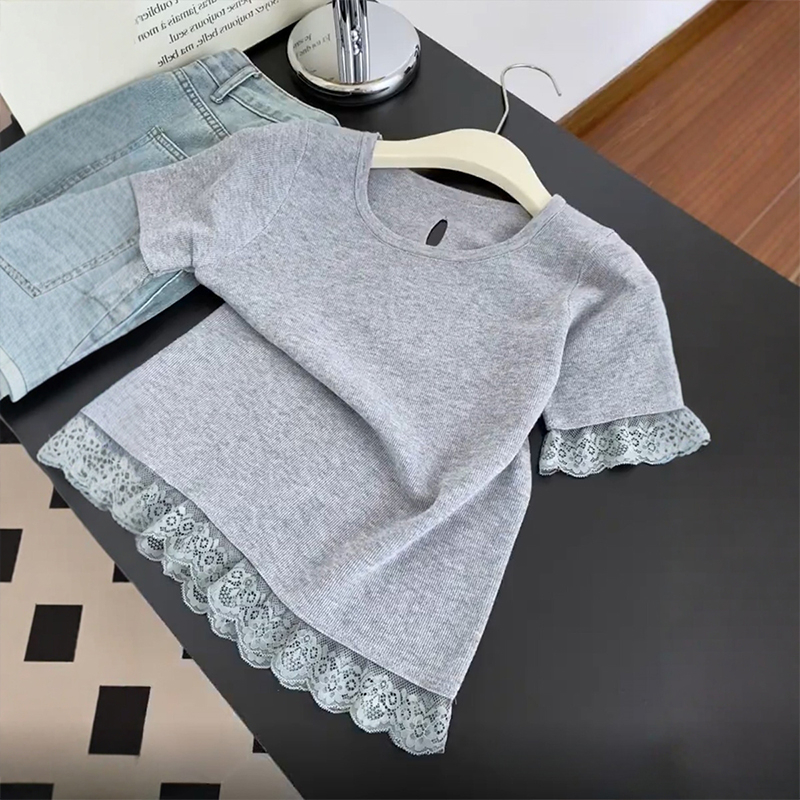 【福利】灰色蕾丝下摆拼接短袖T恤女夏季款小众后背镂空蝴蝶结上衣