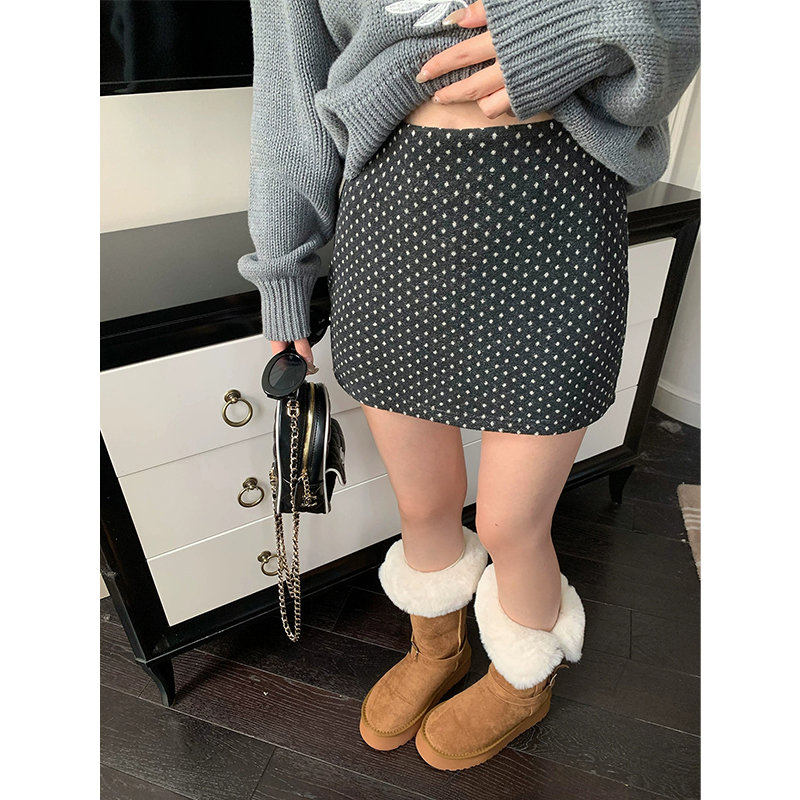 耶古韩系深灰色波点毛呢半身裙女秋冬季高腰显瘦磨毛包臀a字短裙