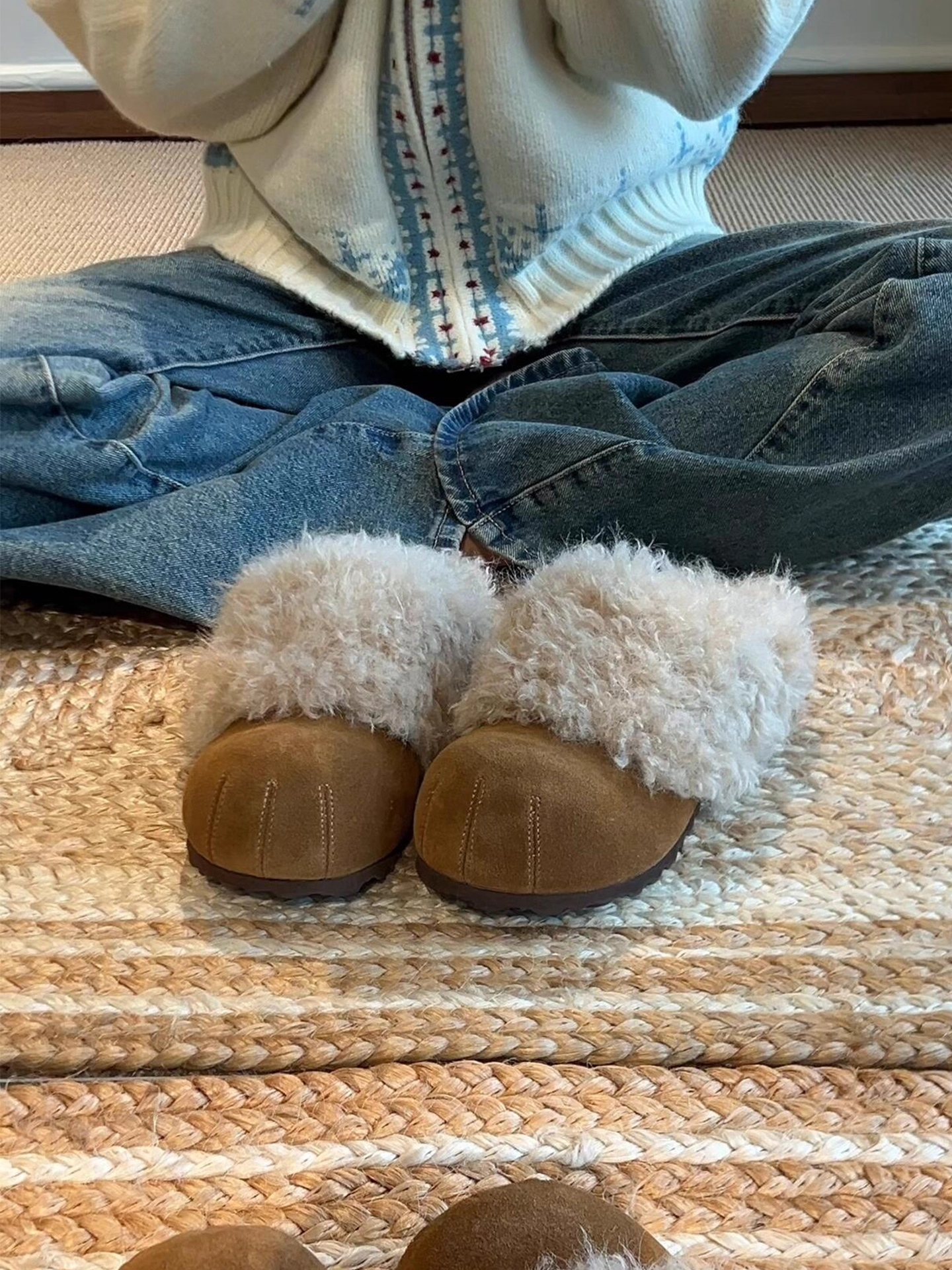 复古风休闲猫爪圆头韩风内增高5cm毛毛拖鞋女秋冬毛绒半拖勃肯鞋