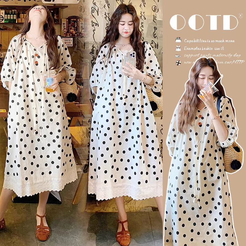 孕妇裙2025夏装新款甜美减龄宽松显瘦法式泡泡袖波点孕妇连衣裙潮
