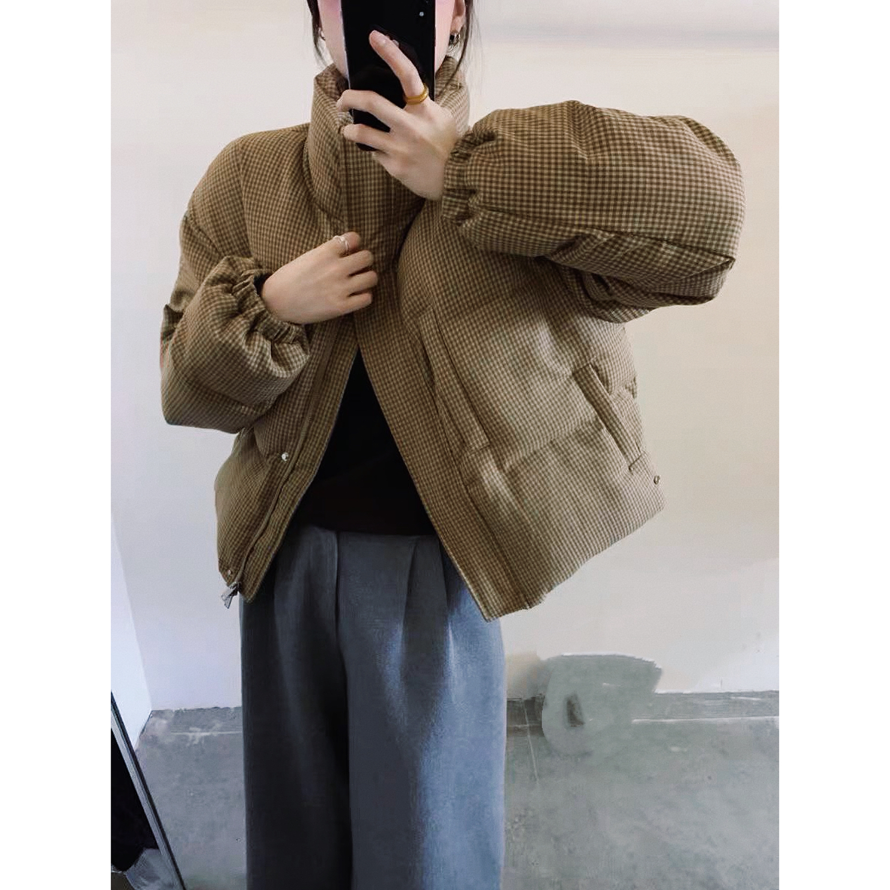 Y223910-美拉德格子短款女冬季美式复古小个子面包服外套