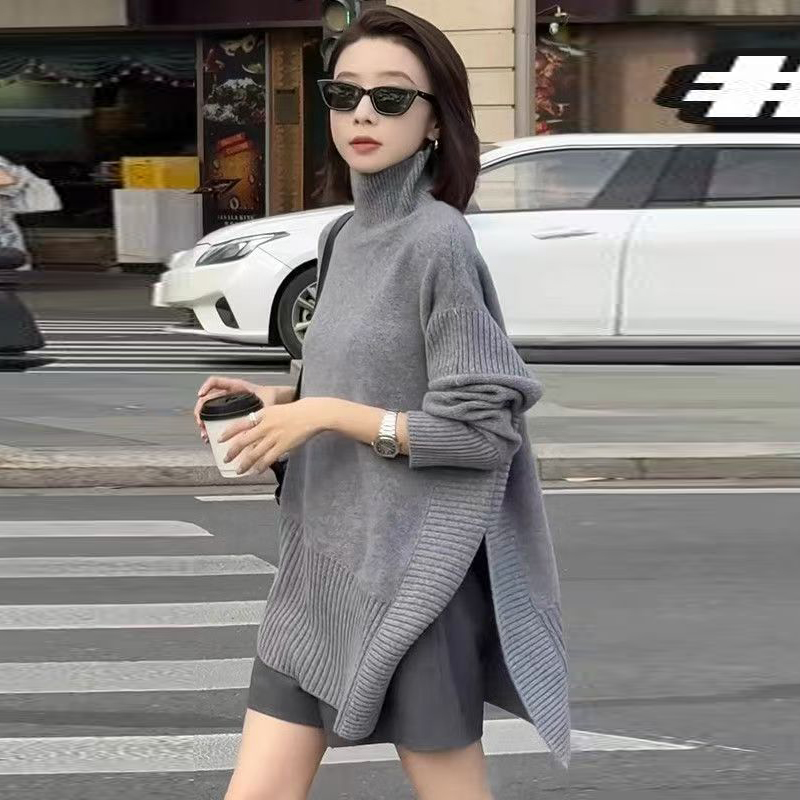 高领加厚毛衣女套头开叉不规则中长款秋冬慵懒风宽松显瘦上衣X122