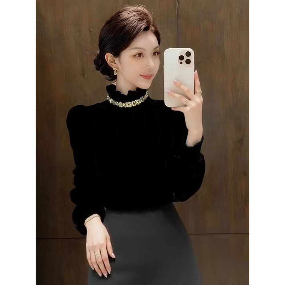 法式赫本风黑色立领木耳边镶钻丝绒长袖衬衫女秋冬新款显瘦上衣潮