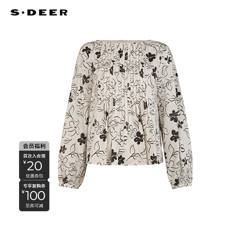 S·DEER圣迪奥女装法式印花衬衫秋季长袖时尚学院风上衣S253Z0538