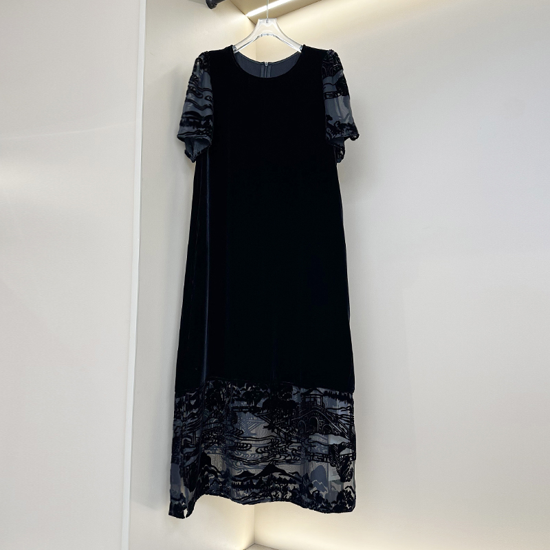 桑蚕丝真丝绒连衣裙优雅显瘦复古新国风黑色长裙气质百搭微胖大码