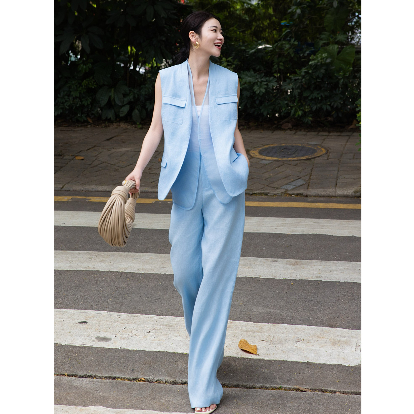 2025夏季新款法式老钱风亚麻马甲欧纱纱直筒裤套装三件套高级感女