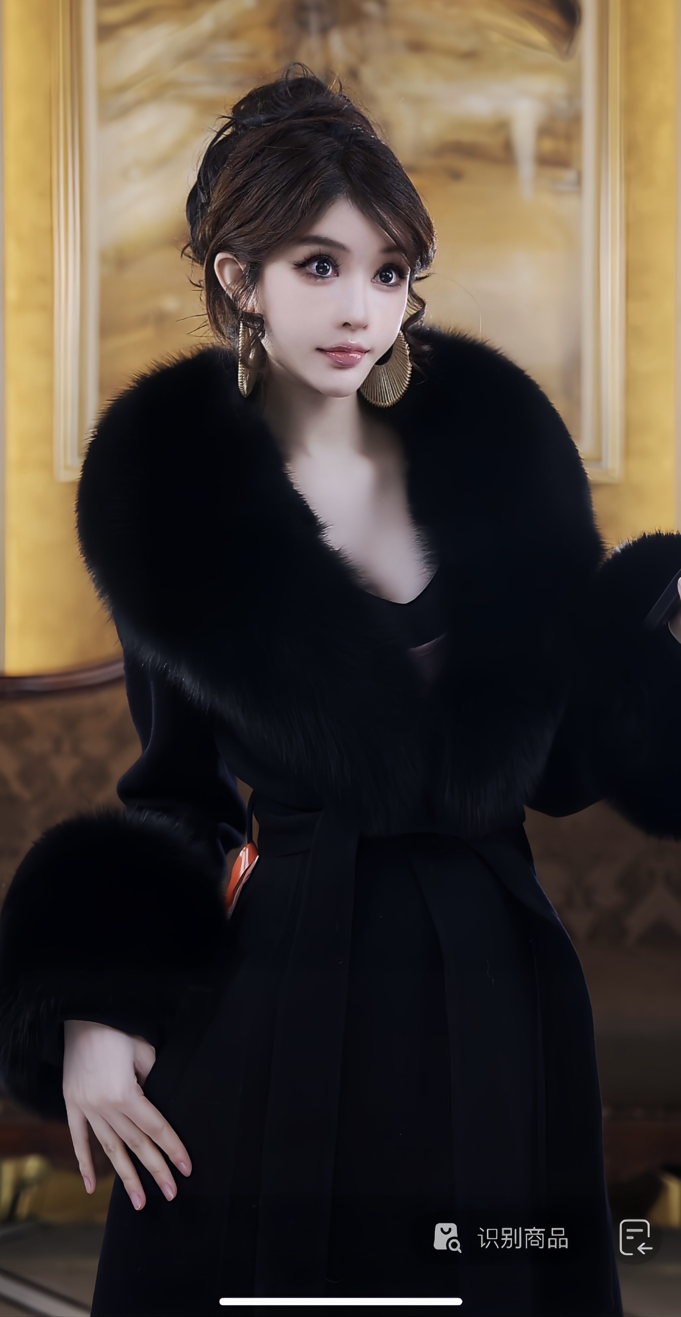 【猫猫家】新版插口袋黑色超大狐狸毛领双面羊毛大衣修身显瘦长款