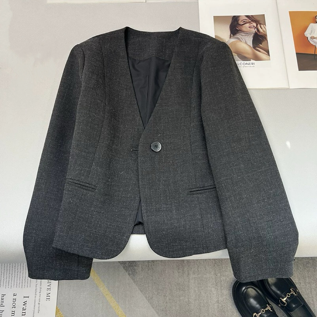 二哥二嫂 【毛系西装】春秋v领一粒气质百搭小西服