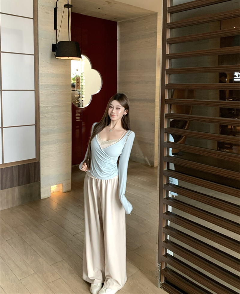 2025秋冬季新款纯欲担当真两件蕾丝褶皱背心直筒宽松针织长裤套装