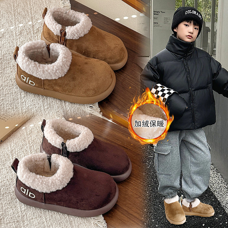 2025新款冬季男童加绒勃肯鞋侧拉链雪地鞋防滑软底休闲风保暖棉鞋