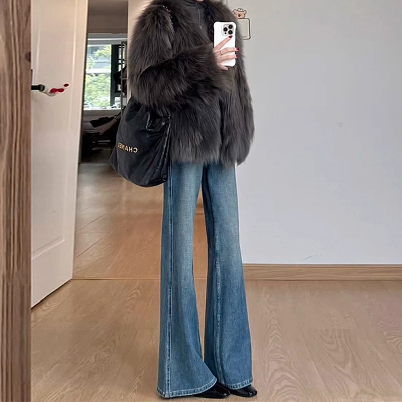 拉夏贝尔复古加绒微喇牛仔裤女秋冬季显瘦不贴腿小个子喇叭裤长裤