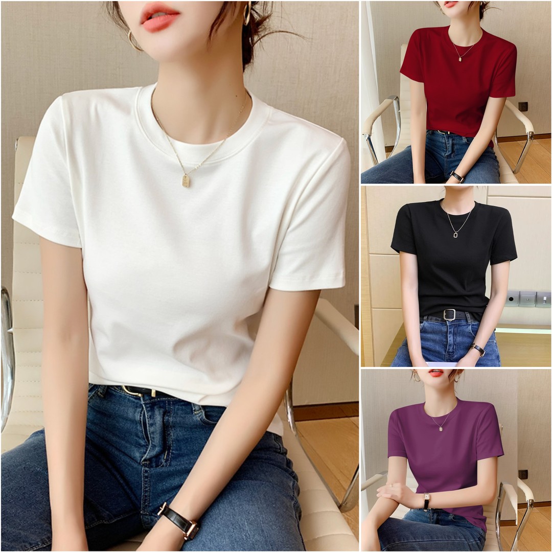 【9个色】2025夏季新款纯色短袖T恤女圆领百搭显瘦修身简约半袖上衣