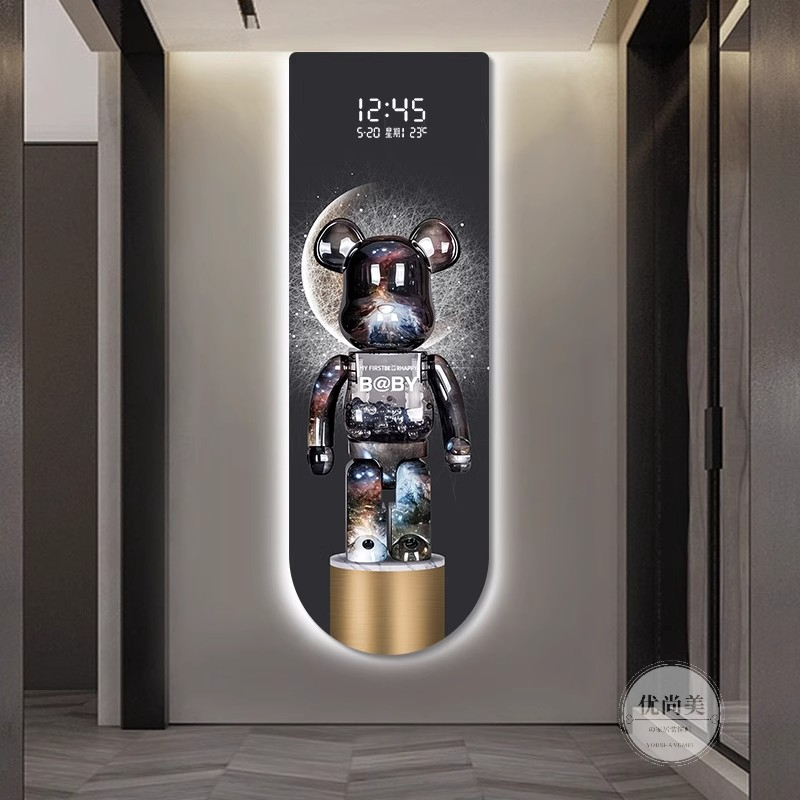 潮玩暴力熊玄关装饰画数字电子钟表客厅走廊挂钟高级感创意壁灯画