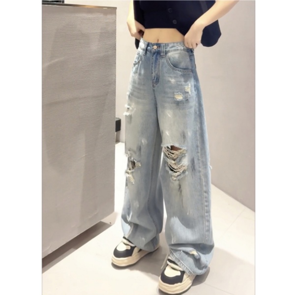 2025春夏破洞牛仔裤弯刀裤窄版阔腿裤女夏薄款大码微胖显瘦长裤子