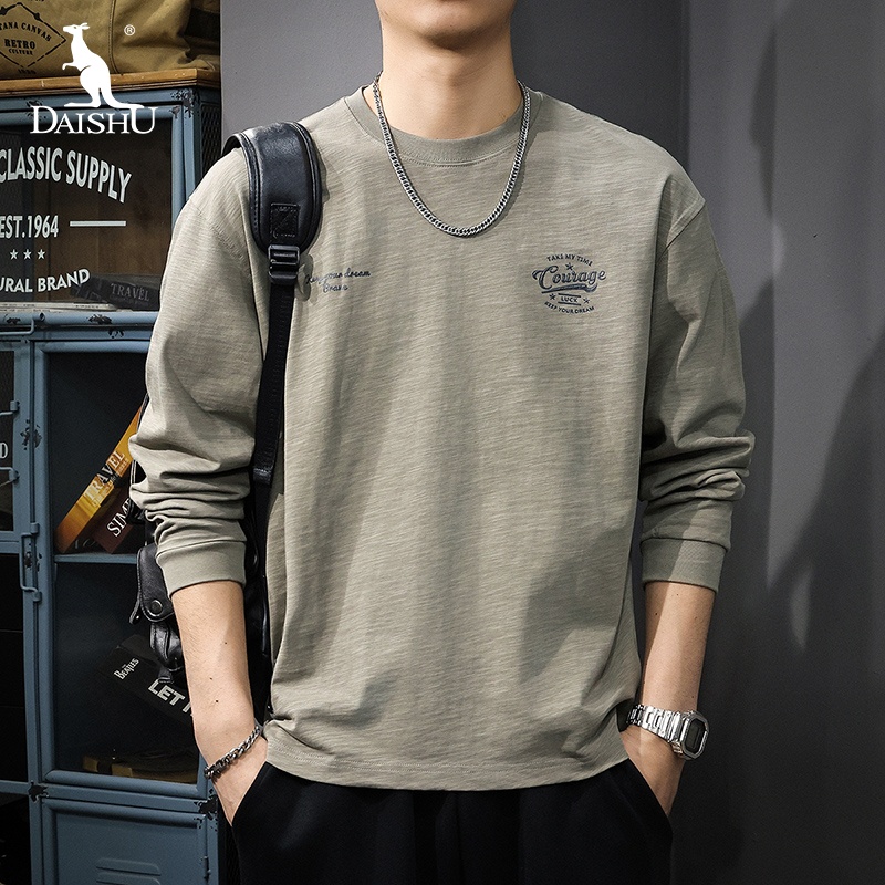 Dai Shu/袋鼠秋冬季2025重磅纯棉长袖t恤男新款宽松休闲圆领上衣