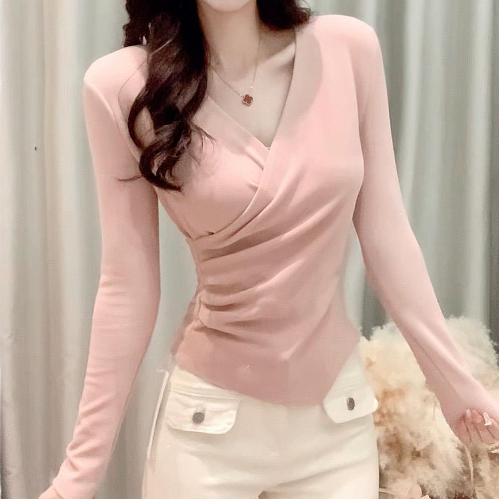 9268大码胖mm韩系纯欲风V领长袖显瘦T恤女秋冬修身显瘦百搭打底衫