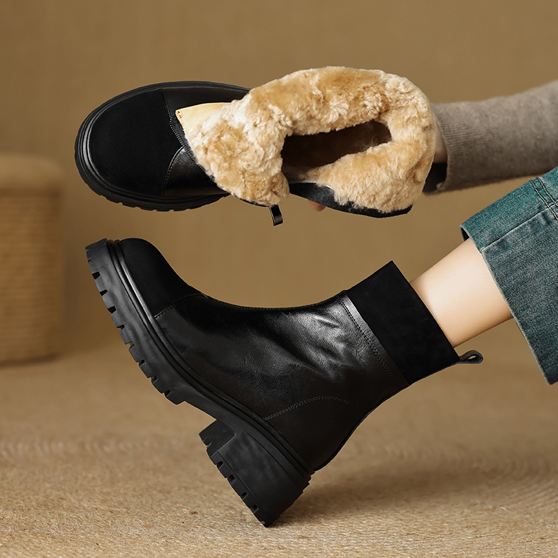 羊皮毛一体雪地靴厚底短靴女冬季加绒真皮马丁靴粗跟高跟鞋大棉靴