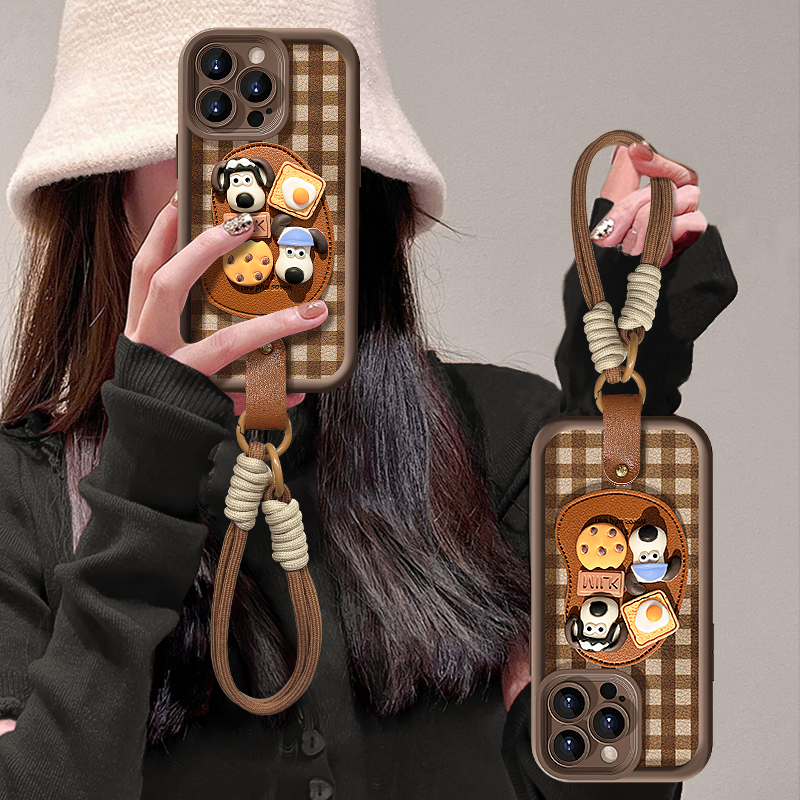 棕格子公仔适用苹果16promax华为vivo/oppo小米15天眼羊皮手机壳