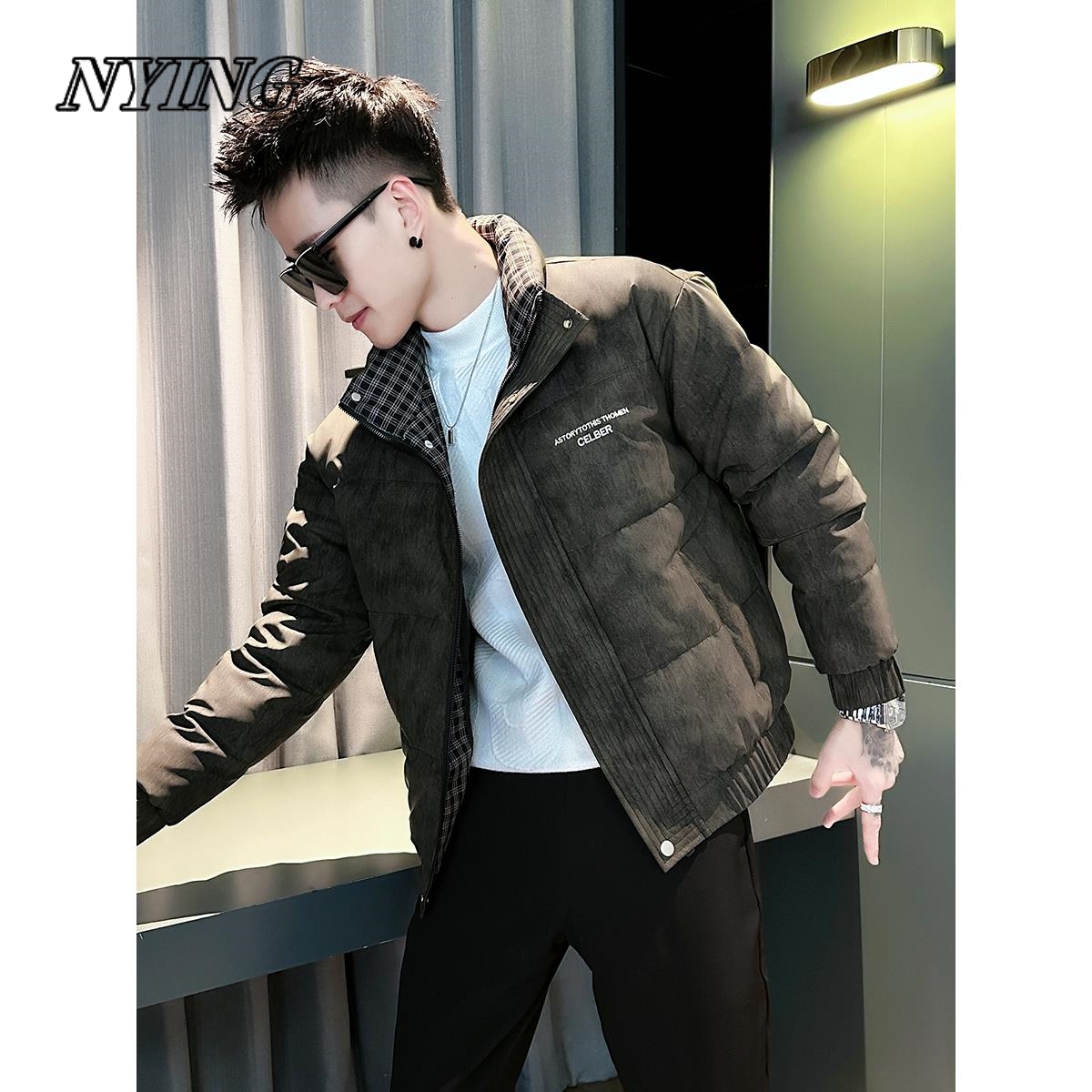 NYING保暖修身几何加厚冬装连帽棉衣棉服男士立领休闲时尚款棉服