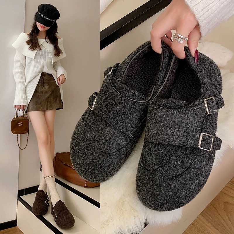 毛呢勃肯鞋女鞋2025冬季新款爆款内增高加绒棉鞋时尚双扣带乐福鞋