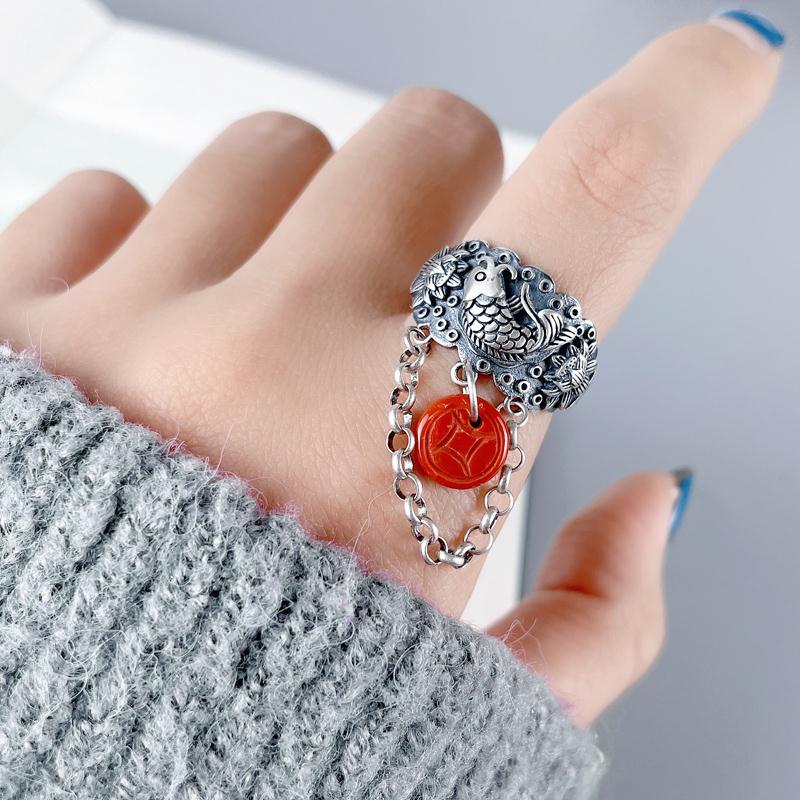 黄铜戒指 复古福鱼流苏戒指女开口铜钱食指民族风指环手饰品