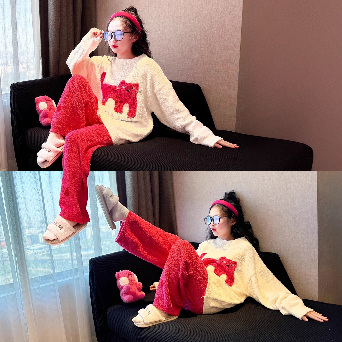 女童秋冬珊瑚绒套头睡衣2025新款初中生半边绒家居服儿童居家套装