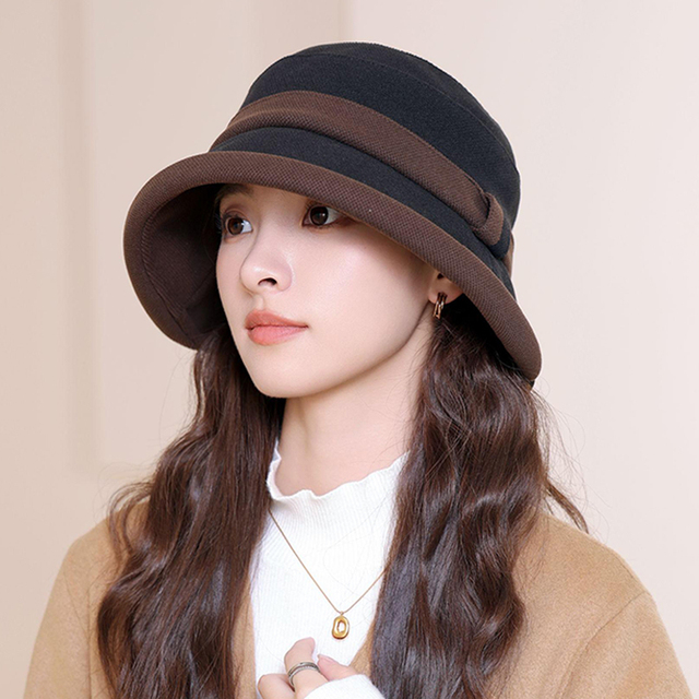 秋冬季帽子女高级感新款加厚保暖百搭出游礼帽双色拼接盆帽渔夫帽