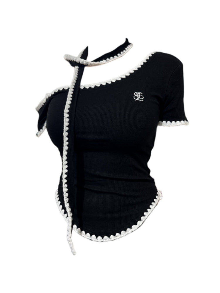 【Amy家】短袖t恤女2025新款夏黑色高级感洋气独特别致露肩斜肩上衣