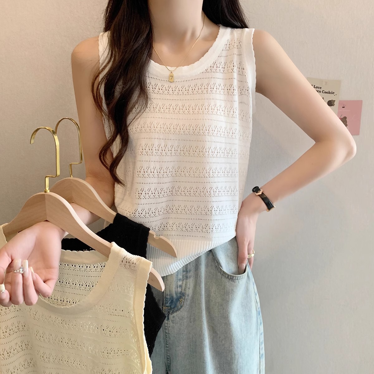 法式镂空针织背心女U领宽松大码显瘦内搭无袖上衣薄款白色吊带