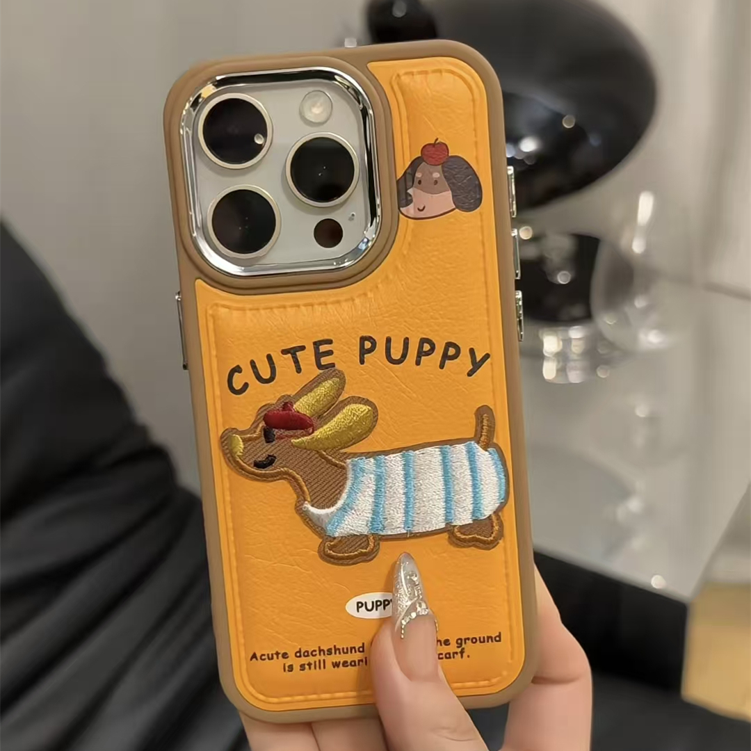 卡通趴趴腊肠狗适用苹果16/15promax华为PURA80/70电镀镜框手机壳