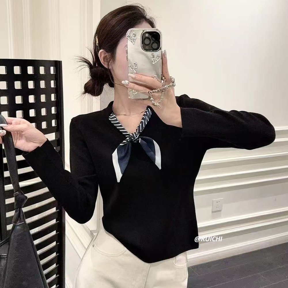 2025韩系极简V领长袖丝巾高级修身显瘦洋气薄款针织衫百搭上衣女