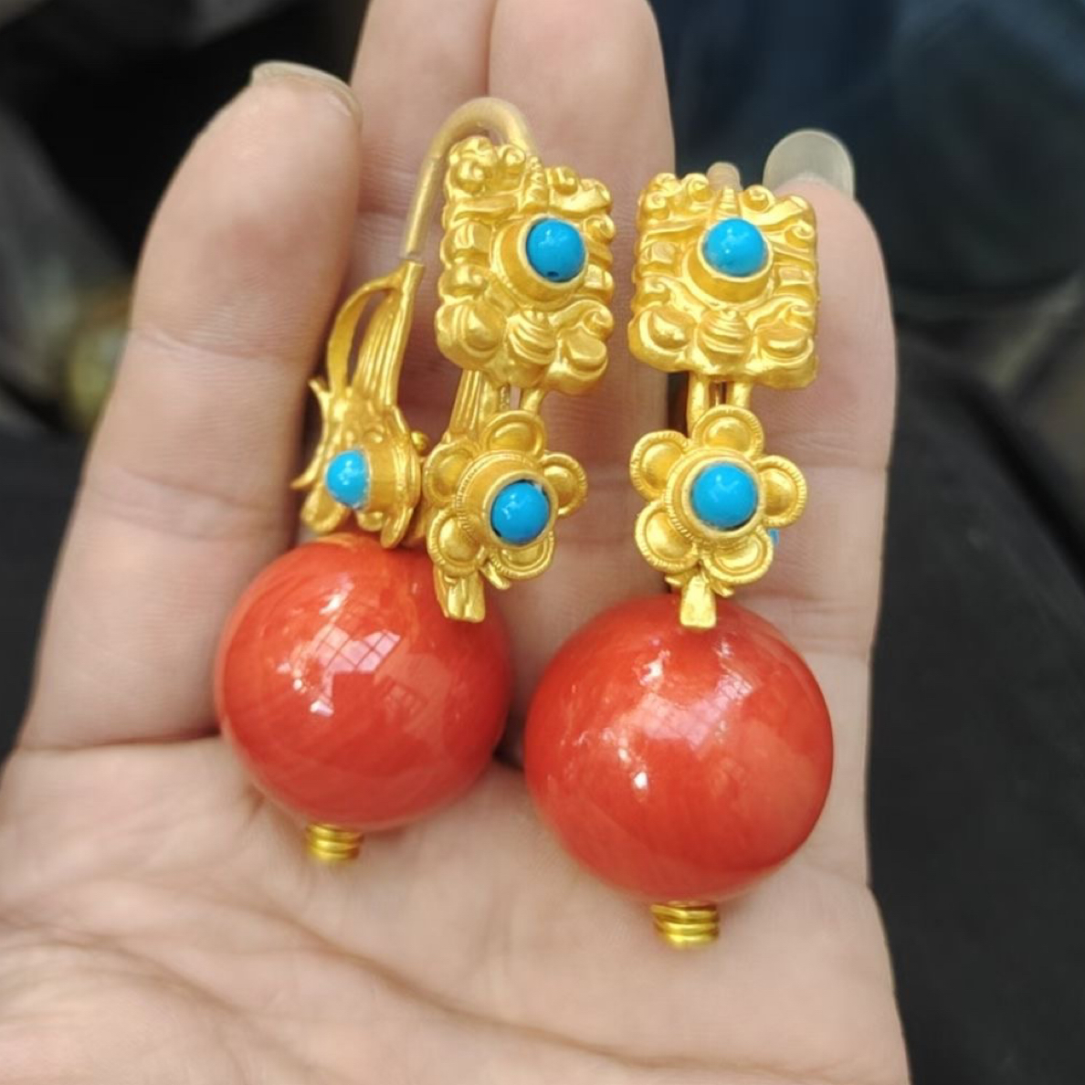 铜合金大理石耳饰 藏式中古精美素款耳环饰品手工女时尚民族风