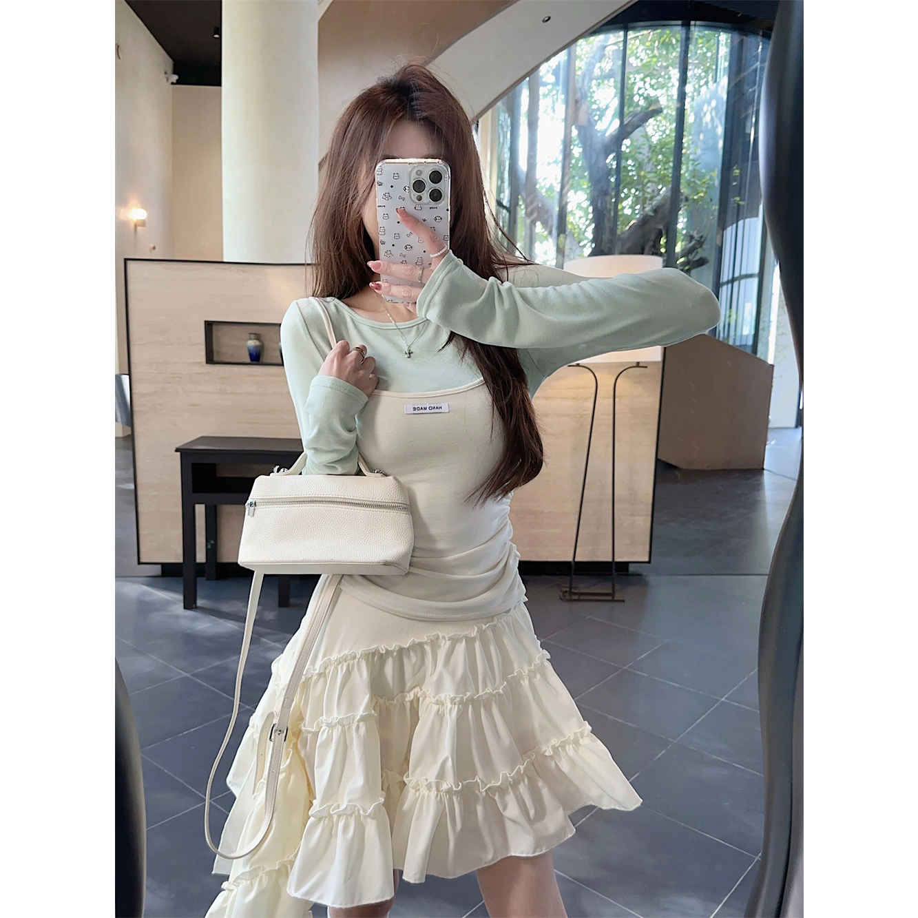 韩系穿搭套装甜美长袖T恤叠穿吊带女春季不规则高腰半身裙三件套