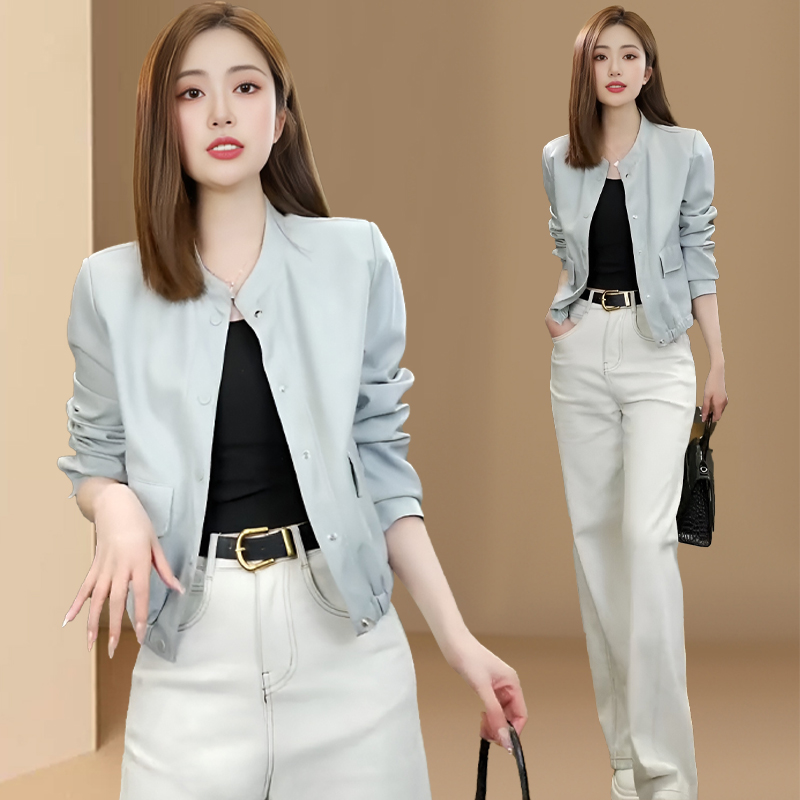 正肩软皮简约机车皮衣女2025春秋新款小个子美式复古立领夹克外套