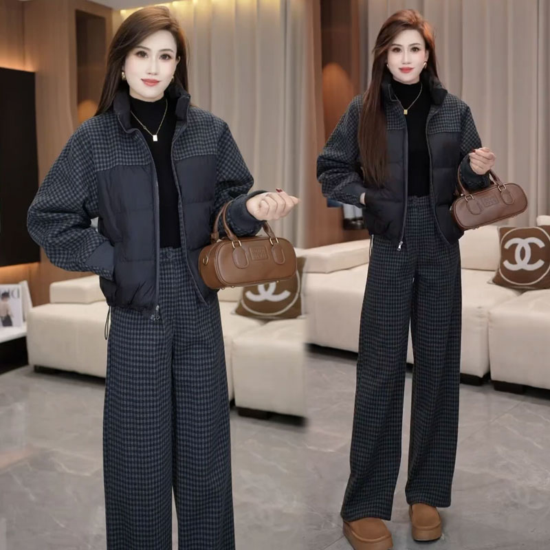 时尚休闲套装女2025冬季新款格纹毛呢拼接棉服外套阔腿裤两件套潮